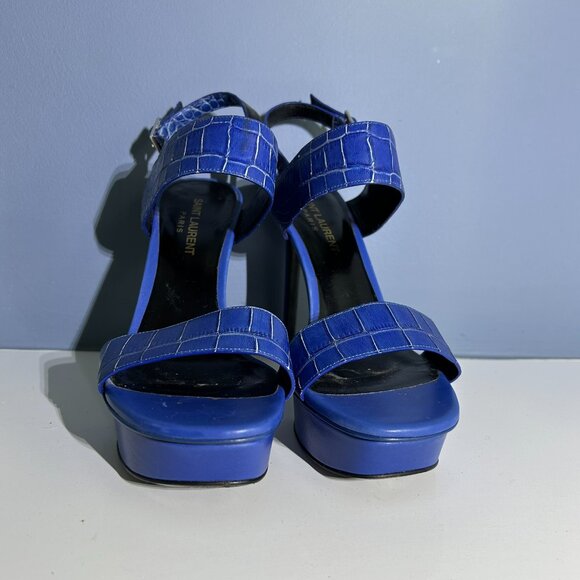 Saint Laurent Paris Blue Croc-Embossed Leather Platform Stiletto Sandals 7.5 - Picture 3 of 5